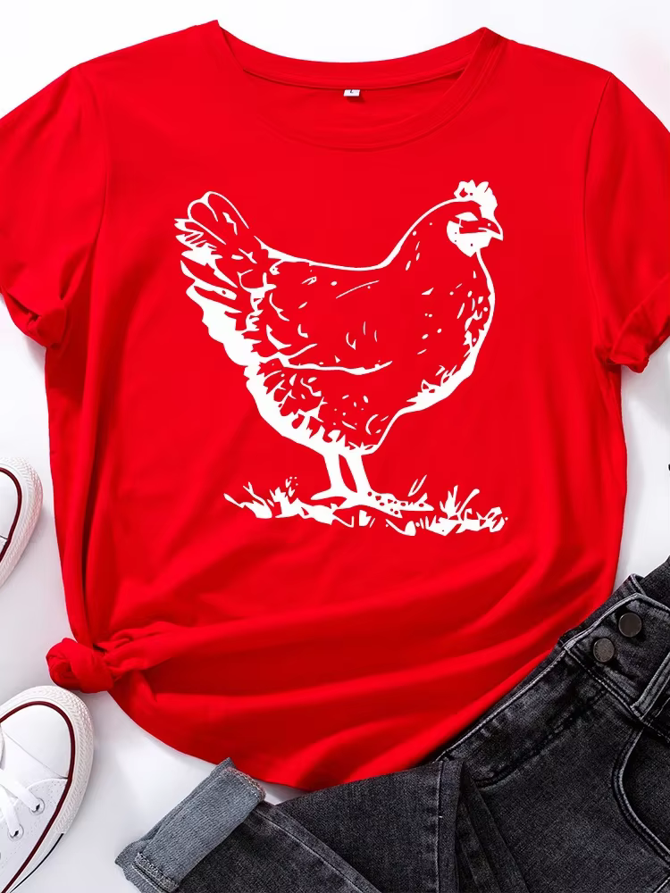 T-shirt manches courtes col rond femme, estival et jetable, avec impression poule blanche