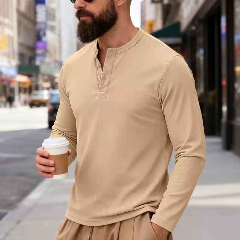 T-shirt Henley à manches longues pour homme, collection Printemps-Automne 2026, couleur unie, décont