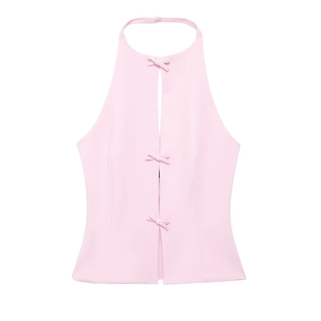 HH – gilet sans manches pour femmes, nouvelle mode, hauts garnis de nœuds, élégant, col rond, col li