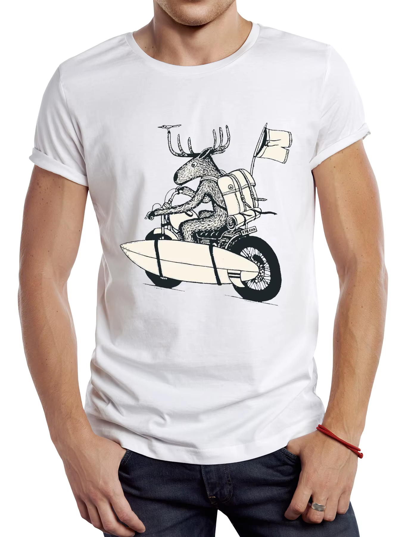 TEEHUB-T-shirt Moto Rétro avec Planche de Surf pour Homme, Graphic Deer Rider, dehors grill, Vintage