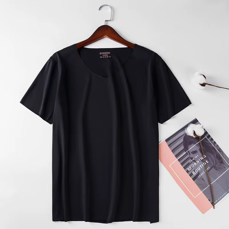 T-shirt Homme Col V en Soie Glacée, Coupe Slim, Couleur Unie, Respirant, Sans Coutures, Fin et Léger