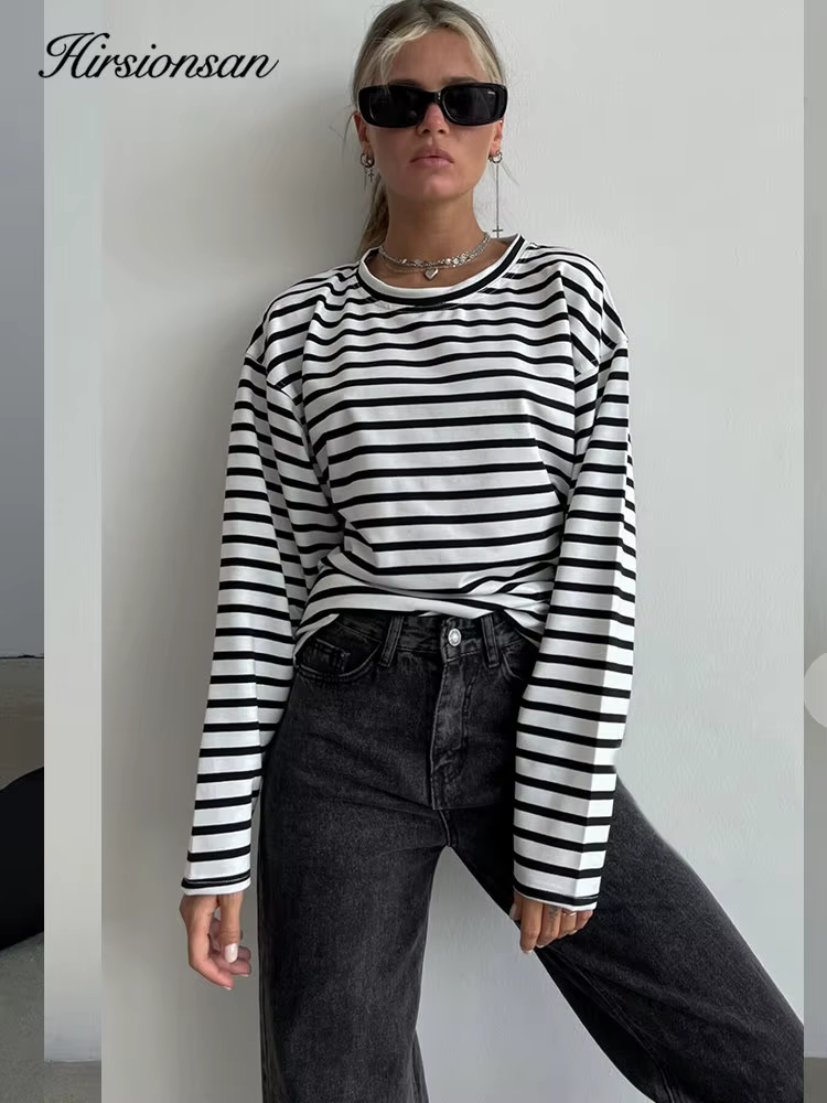 Hirsionsan – t-shirt rayé à manches longues pour femmes, 2023 coton, surdimensionné, décontracté, Ch