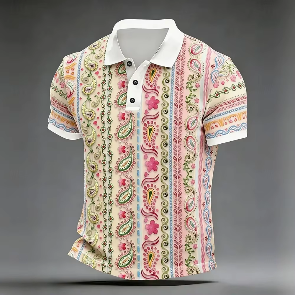 Chemises polo pour hommes à imprimé paisley 3D, manches courtes, col boutonné, décontractées, pour l