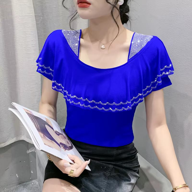 Été volants maille col carré T-Shirts femmes à manches courtes diamants t-shirt Femme mode Patchwork