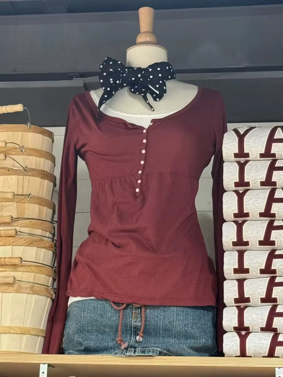 T-shirts à manches longues pour femmes, couleur bordeaux, col rond simple, coupe trapèze, en coton, 