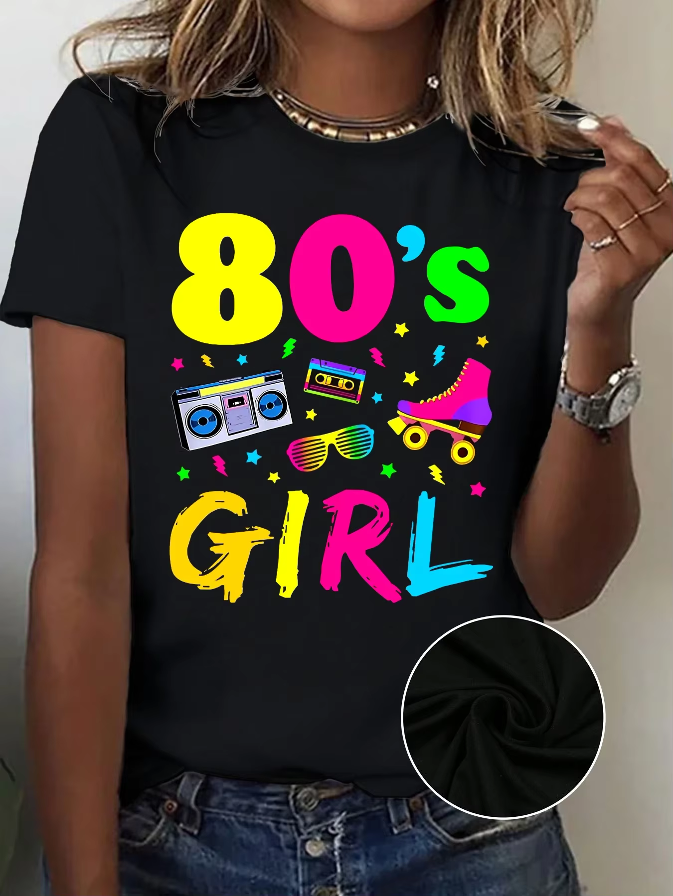 T-shirt décontracté à col rond, extensible, imprimé style vintage avec motifs radio et patins à roul