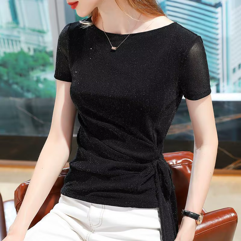 T-shirts élégants en gaze de soie brillante plissée à lacets pour femmes, nouvelle collection été, h