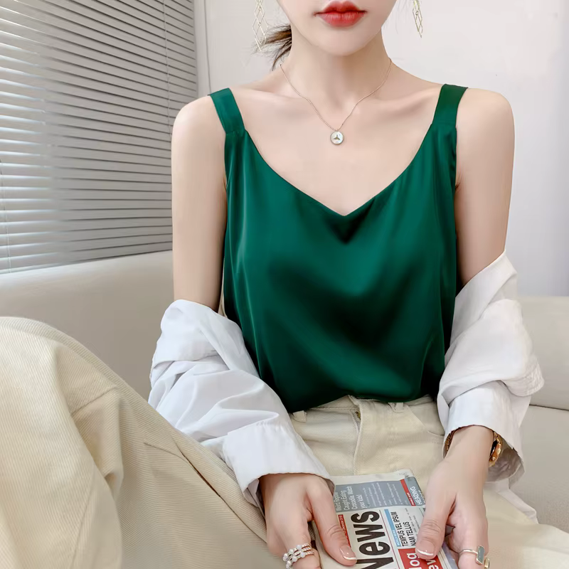 Camisole en soie pour femmes, costume d'été à l'intérieur, col en v, gilet à bascule en Satin, fin,