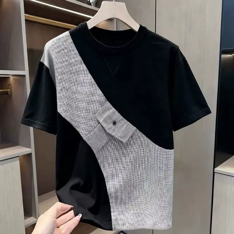 T-shirt noir à col rond et manches courtes contrastant, nouvelle collection été 2026 pour homme, cou