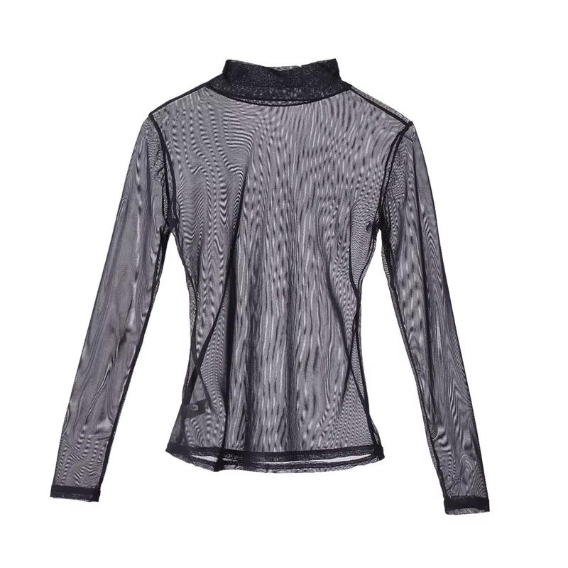 T-shirt transparent à manches longues pour femmes, tee-shirt en maille creuse, sexy, mince, solide, 