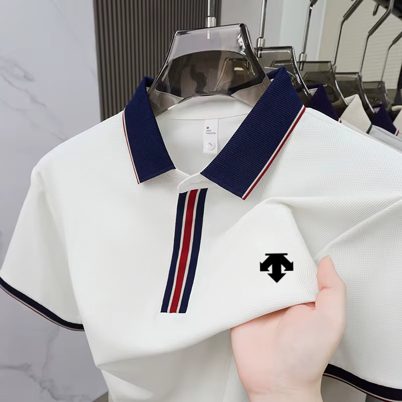 Polo de luxe pour homme en polyamide, texture fine gaufrée, coupe ajustée, léger, extensible, respir