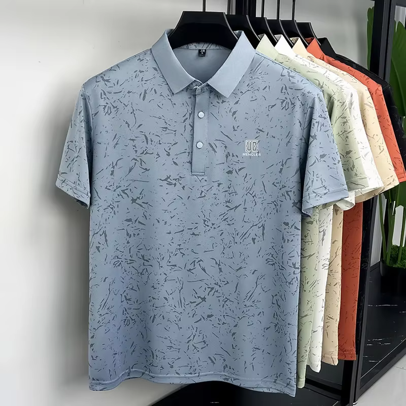 Polo à manches courtes pour homme avec revers, imprimé abstrait effet éclaboussures, broderie logo s