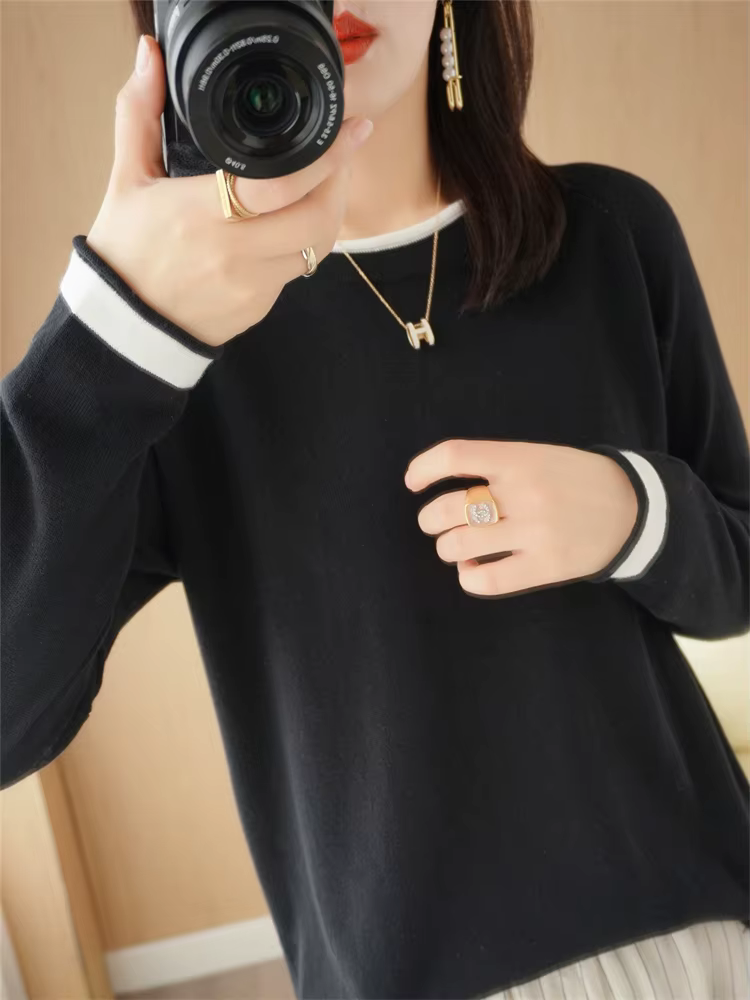 Printemps automne offre spéciale nouveau 100% pur coton pull femmes col rond pull contraste sertissa