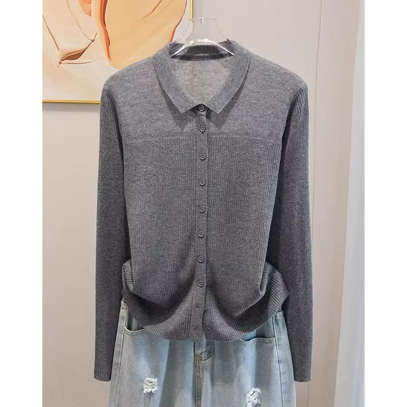 Cardigan en tricot de laine à revers POLO gris pour femme, pull ample et fin en cachemire avec chemi