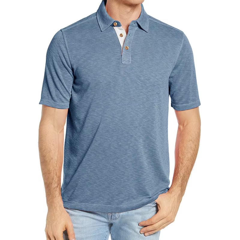 Polo pour homme en coton chiné bleu marine, manches courtes, col boutonné, décontracté, doux, confor