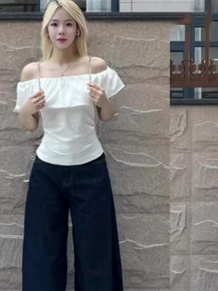 T-shirts d'été femmes vêtements taille mince volants t-shirts blancs épaules nues Chic Camisets Slas