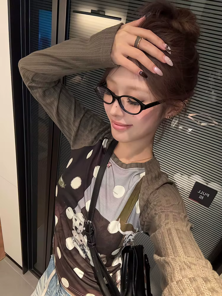 Tonngirls Harajuku imprimé chien graphique hauts à manches longues Patchwork femmes T-shirt Y2k Vint