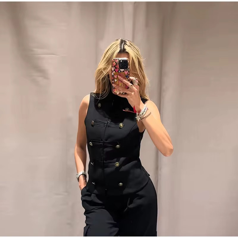 Top Femme Printemps 2026 Nouveau Noir Sans Manches avec Nœud Décoratif Coupe Ajustée Gilet Unique Te
