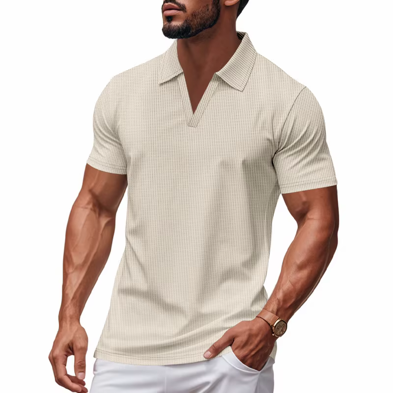Nouvelle Collection Été 2026 – Polo Décontracté à Col V pour Homme, Tissu Gaufré, Manches Courtes, C