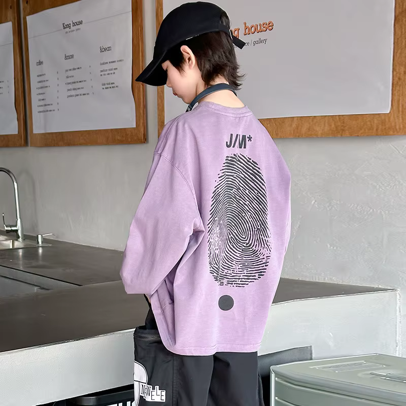 T-Shirt avec lettres violettes pour garçons, haut d'automne pour enfants, vêtements d'automne moyens