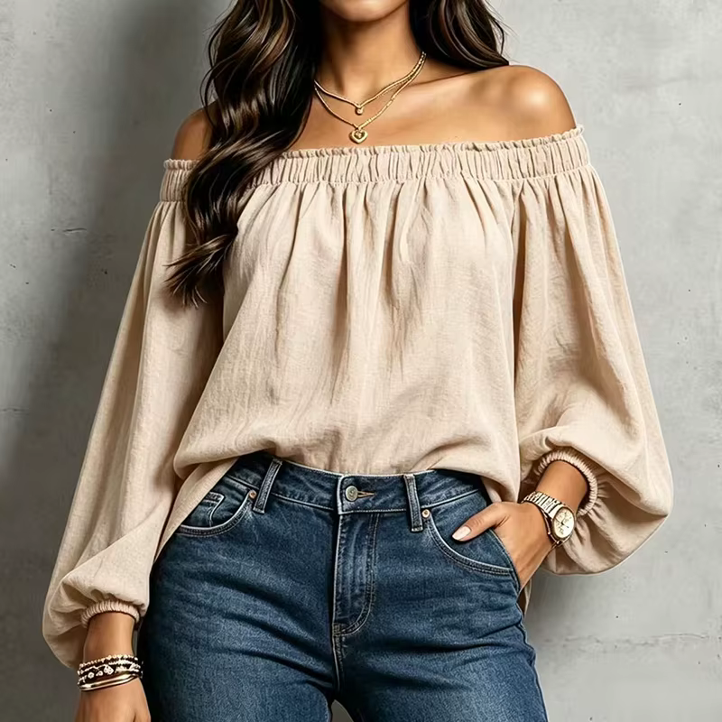 Chemisier élégant à épaules dénudées et manches longues pour femmes, chemise tendance de couleur uni