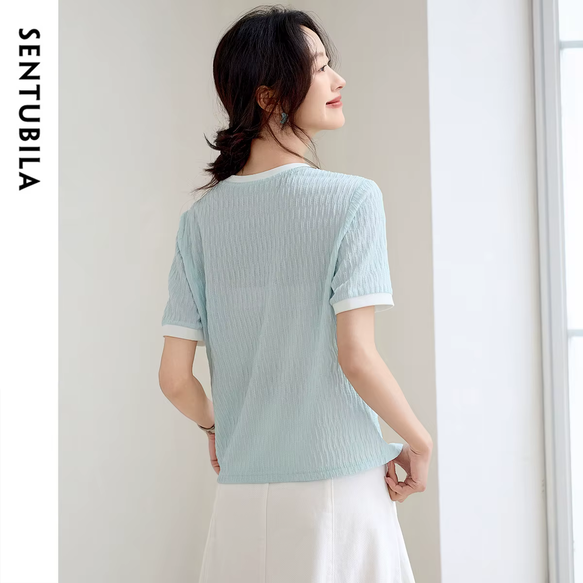 T-shirt à manches courtes plissé pour femme SENTUBILA, nouvelle collection 2026, style décontracté,