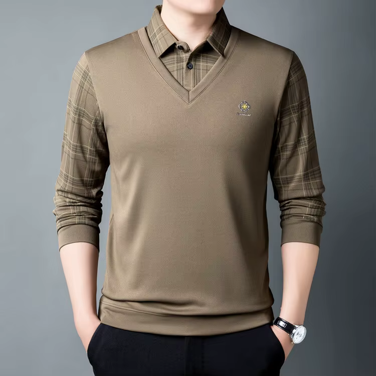 Polo à manches longues pour hommes, imprimé artisanal, faux deux pièces, col amincissant, printemps