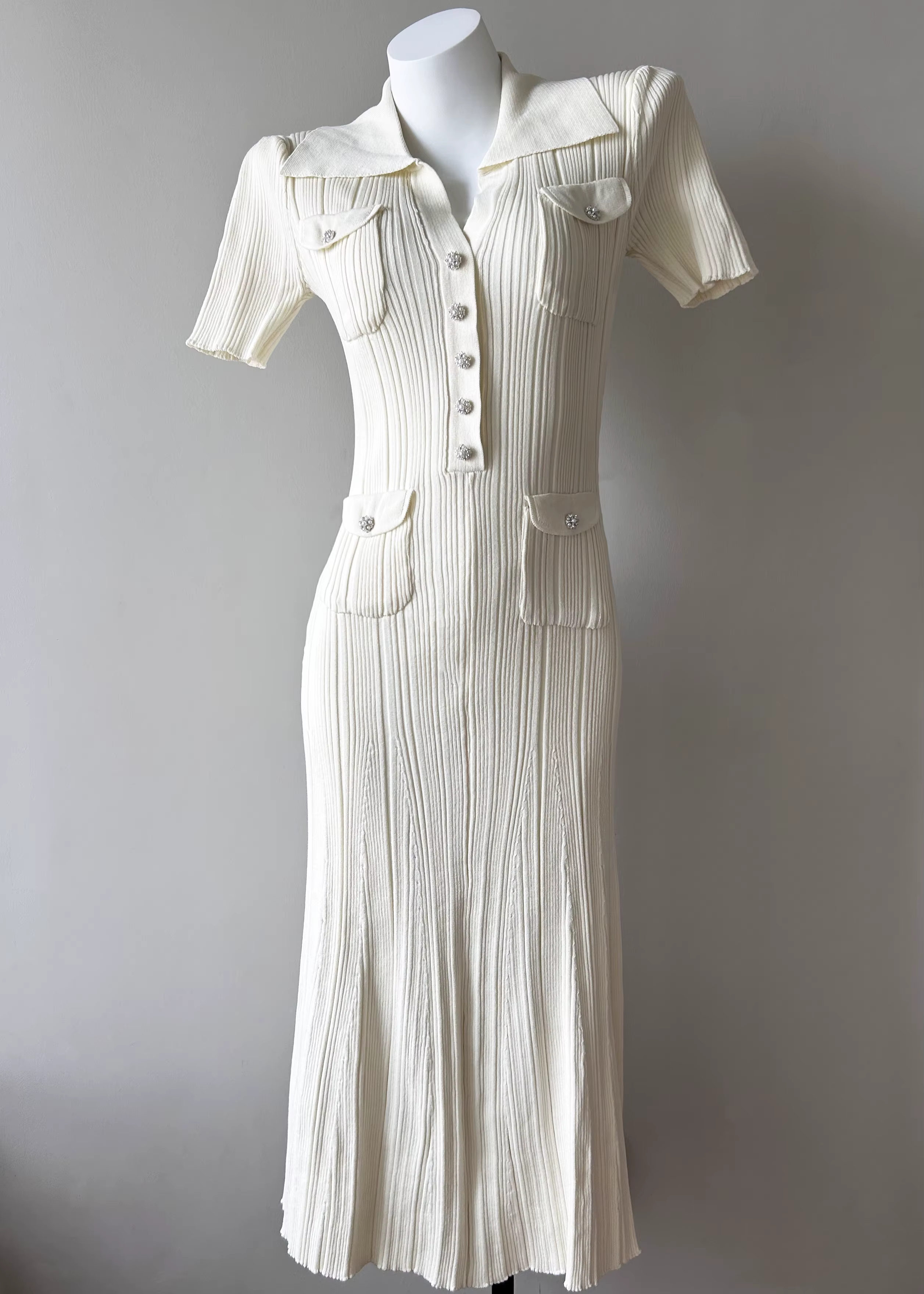 Robe midi élégante décontractée pour femme, col polo, tricotée à la française, manches courtes, coup