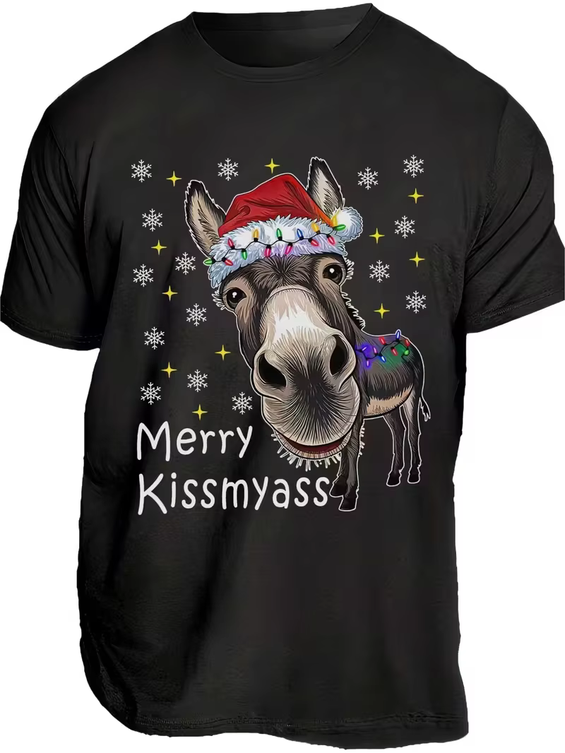 T-Shirt pour hommes et femmes, drôle de noël avec oreilles d'âne et joyeux Kissmyass, nouveauté humo