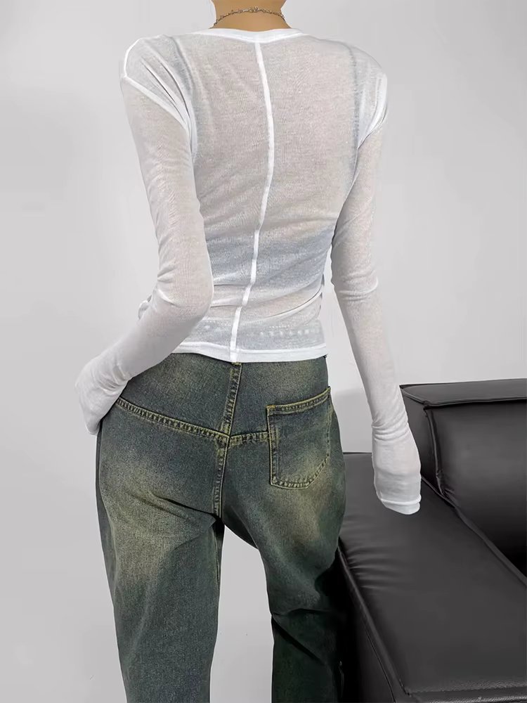T-shirt semi-transparent à manches longues et col rond pour femme