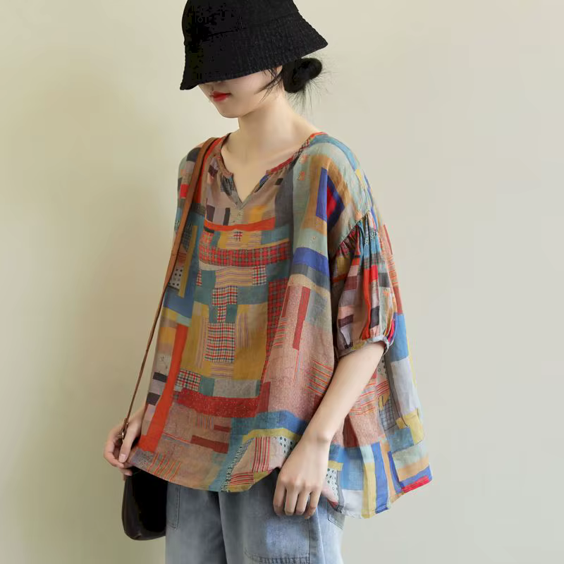 T-shirt manches courtes col en V femme, estival et décontracté, à la mode, irrégulier, artistique, b