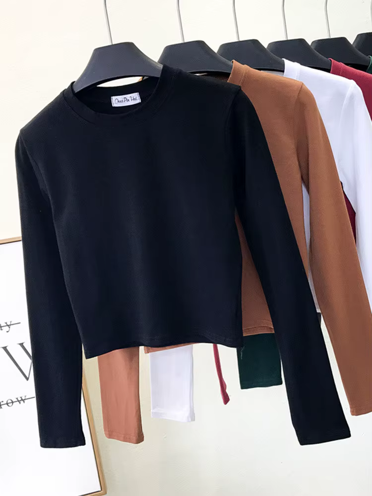 Vêtements en coton noir sexy pour femmes, col rond, manches longues, nombril, base d'automne, mode d