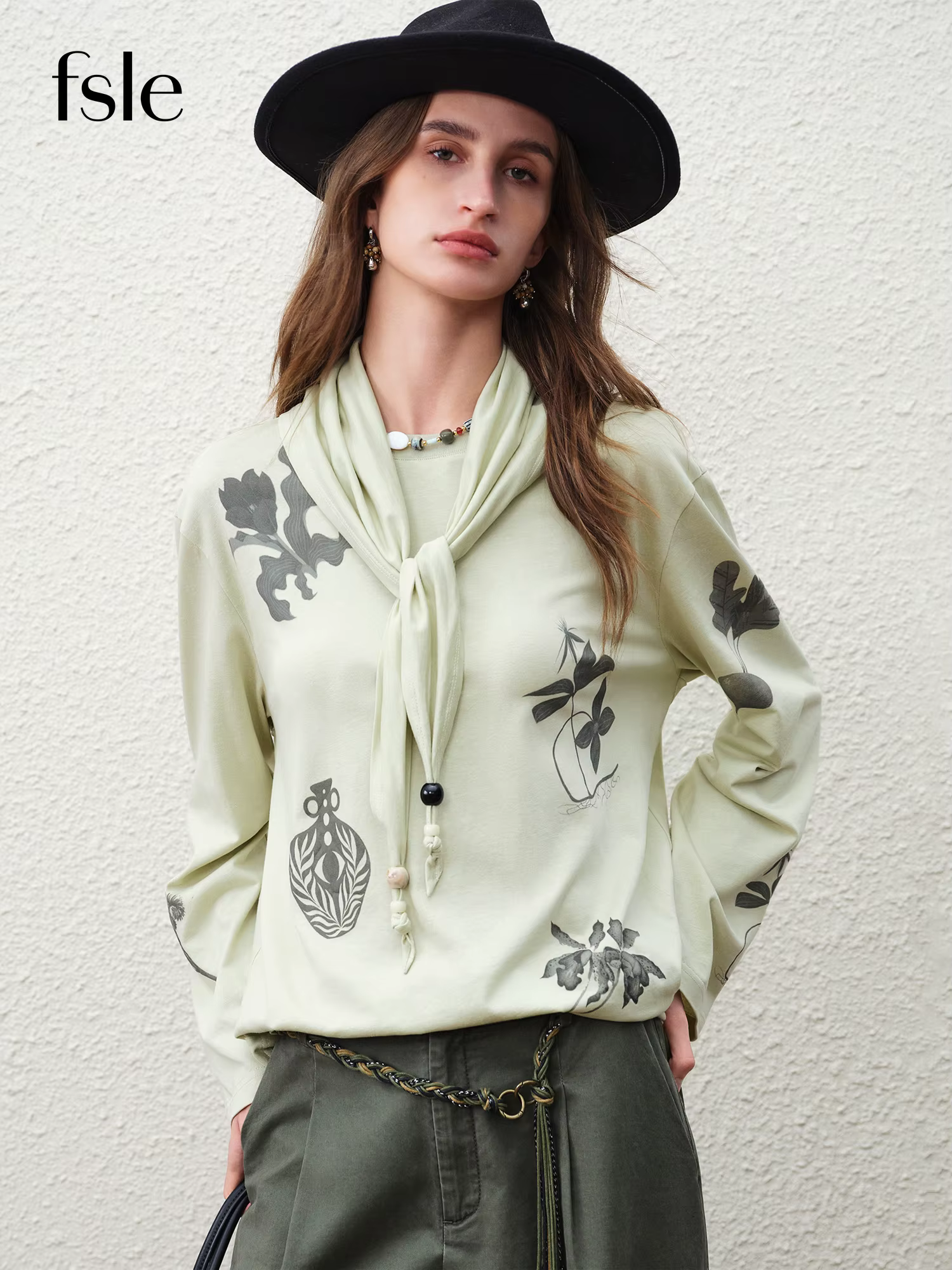 FSLE 【Série Premium】 T-shirt à manches longues pour femme en mélange de lin à imprimé botanique, nou