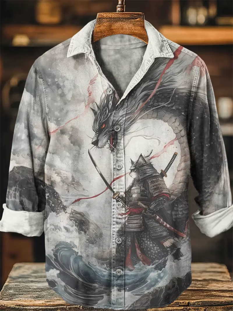 Chemise à manches longues en lin pour hommes, Style Vintage, Halloween, chat noir, imprimé artistiqu