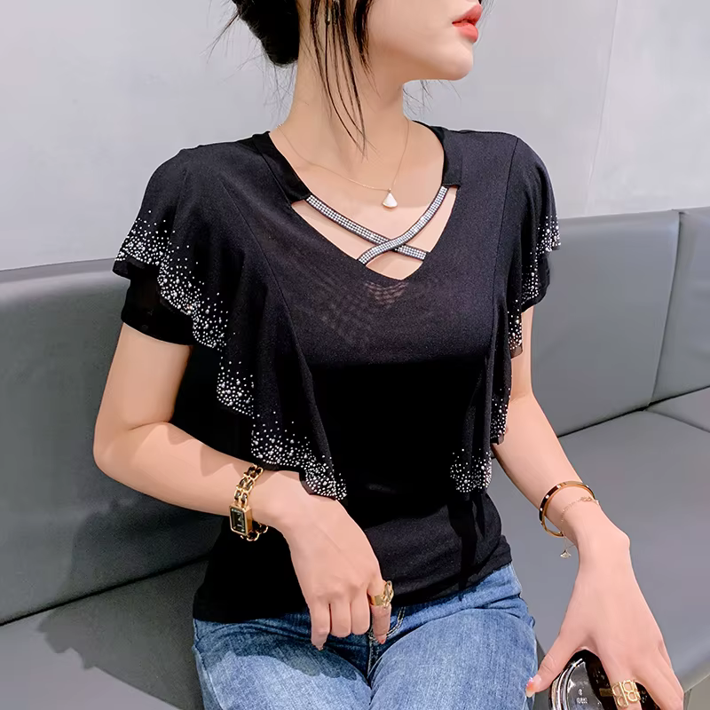 T-shirt manches courtes col en V femme, estival et élégant, à volants, en maille, faux diamants croi
