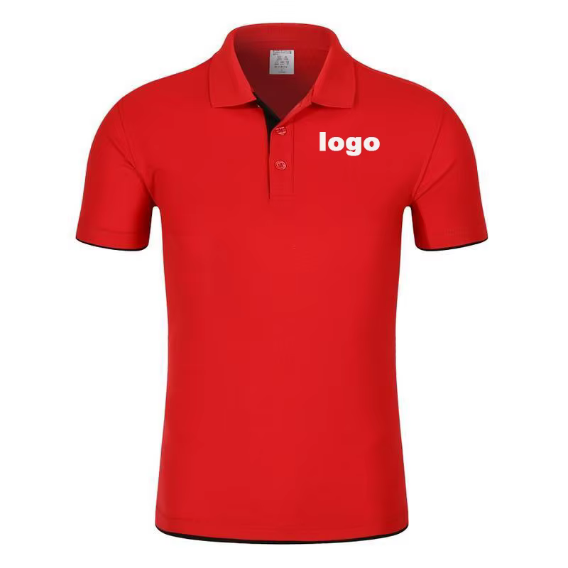 Polo unisexe personnalisé avec logo brodé, noir avec revers et bordure de manche rouges, manches cou