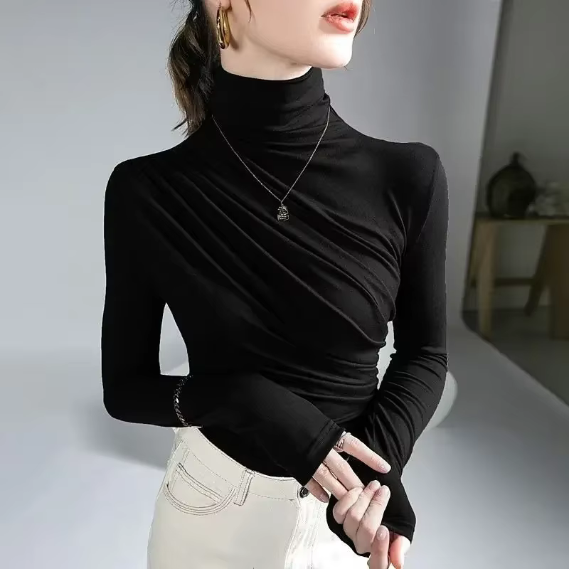 T-shirt extensible plissé à col roulé pour femme, pull à bascule, décontracté, élégant, basique, Har