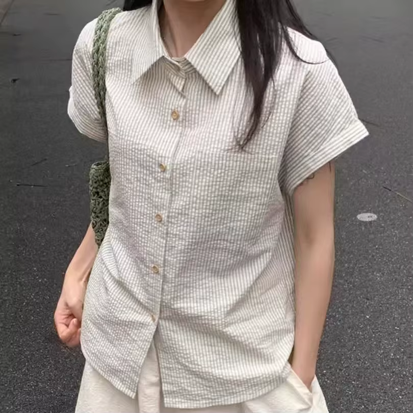 Chemise rayée à manches courtes, coupe ample et légère, style polyvalent, décontractée et élégante, 