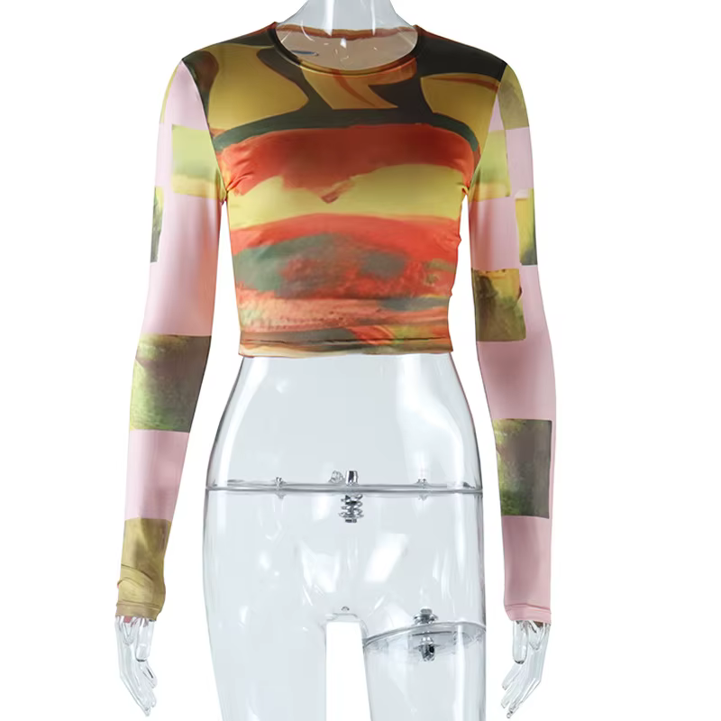 T-shirt court imprimé tie-dye pour femme, col rond, manches longues