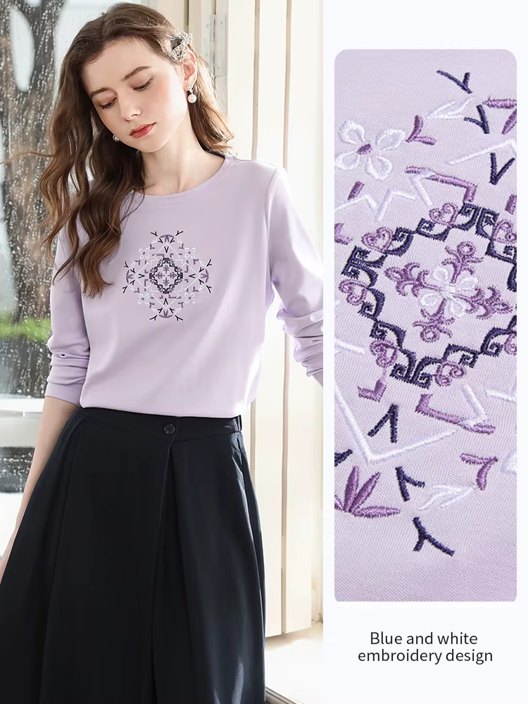 Je crois que vous T-shirt brodé à manches longues pour femmes 2025 automne violet mince haut décontr