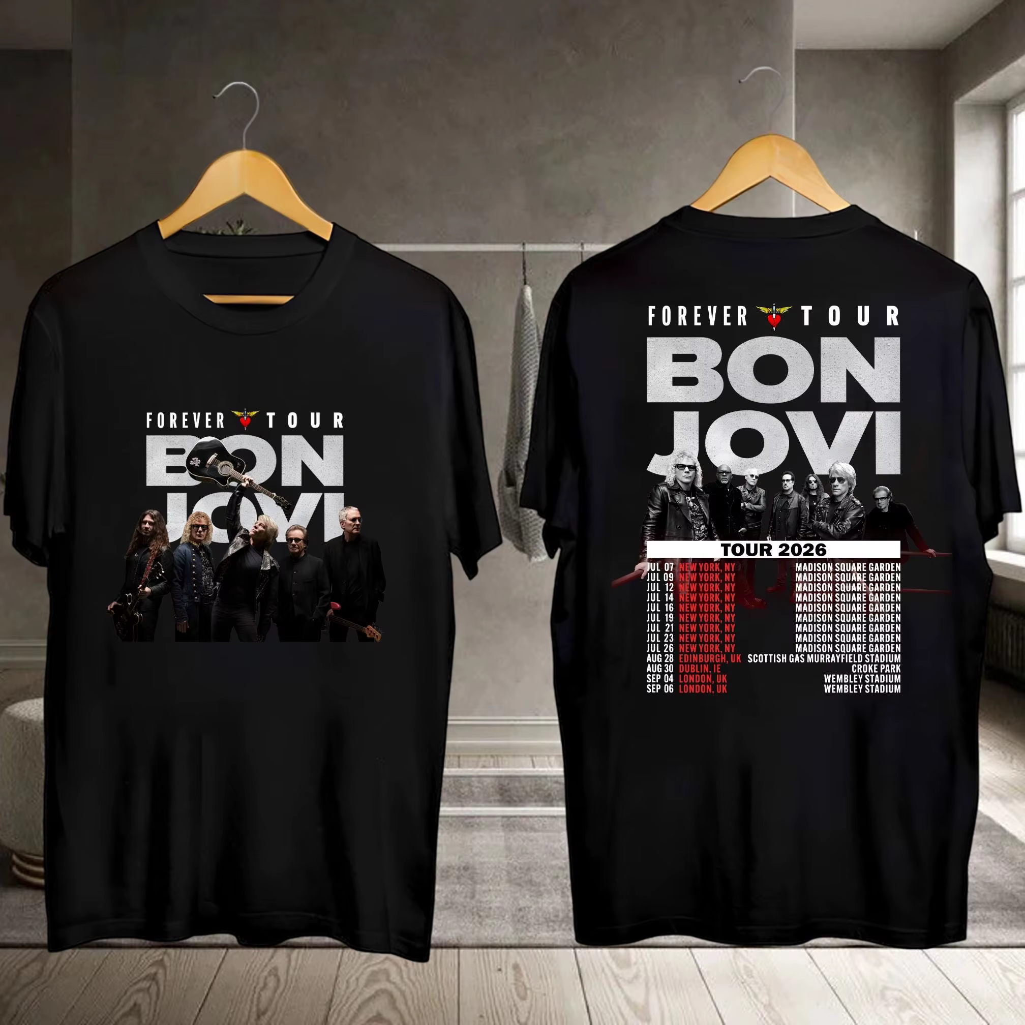 Bon Jovi Forever Tour 2026 Merch T-shirt 100% coton unisexe pour hommes et femmes, T-shirt d'été Vin