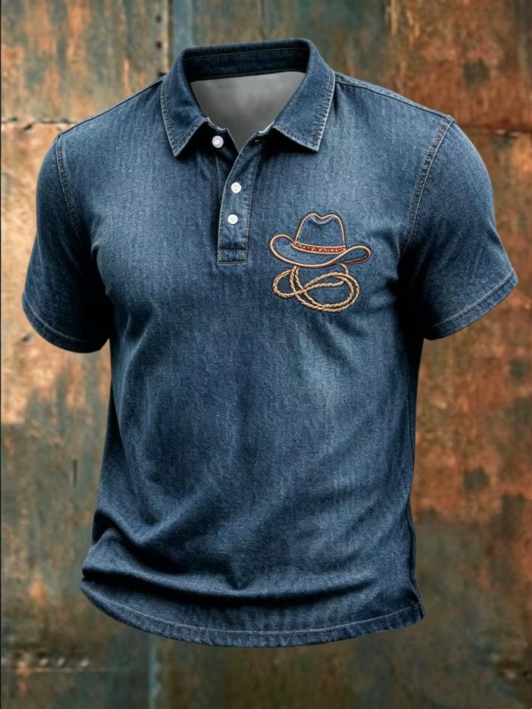 Polo en jean slim pour homme avec imprimé western cowboy, coupe ajustée pour sculpter les lignes du