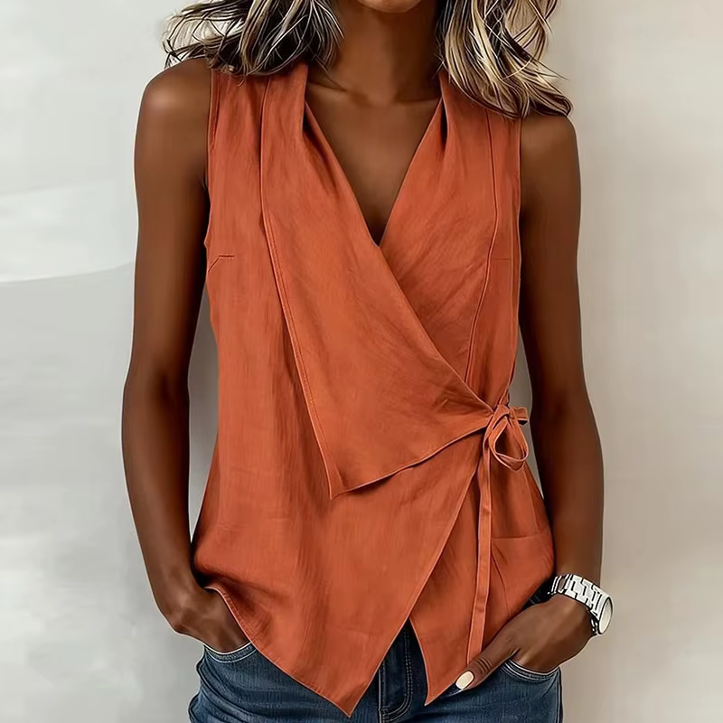Chemisier d'été sans manches pour femme, col en V, décontracté, à lacets, uni, tendance, patchwork, 