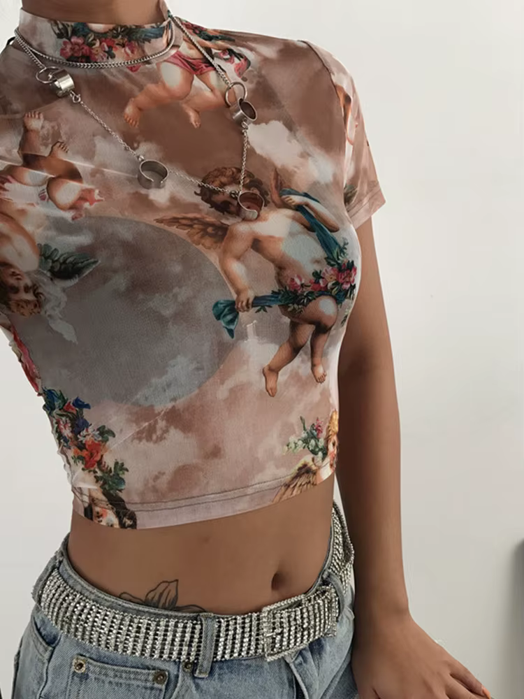 T-shirt manches courtes col haut femme, streetwear, sexy, en maille, imprimé ange, Harajuku, offre s