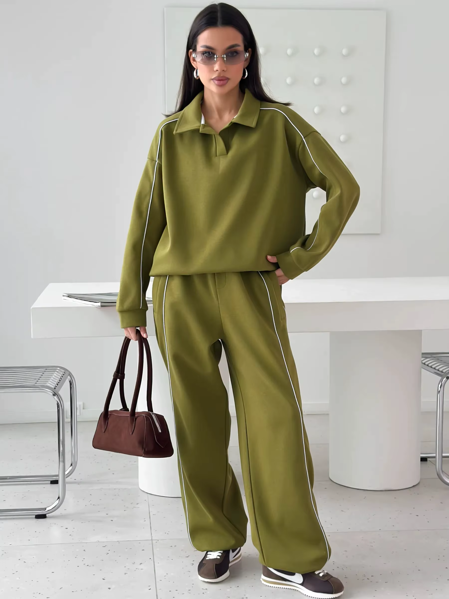 Ensemble de survêtement 2 pièces pour femme automne 2026 : haut polo à manches longues et pantalon l