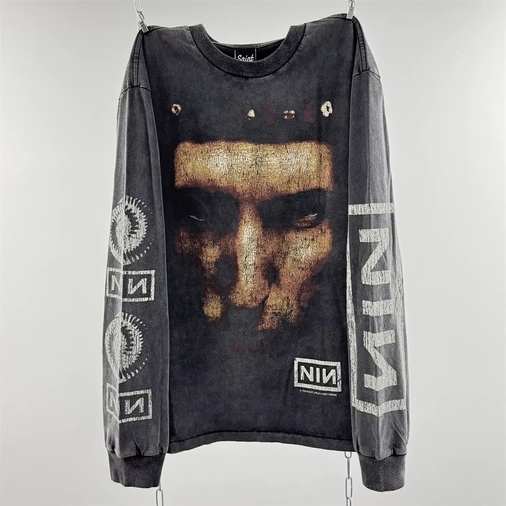T-shirt à manches longues oversize unisexe Saint NIN Nine-inch Nail effet délavé