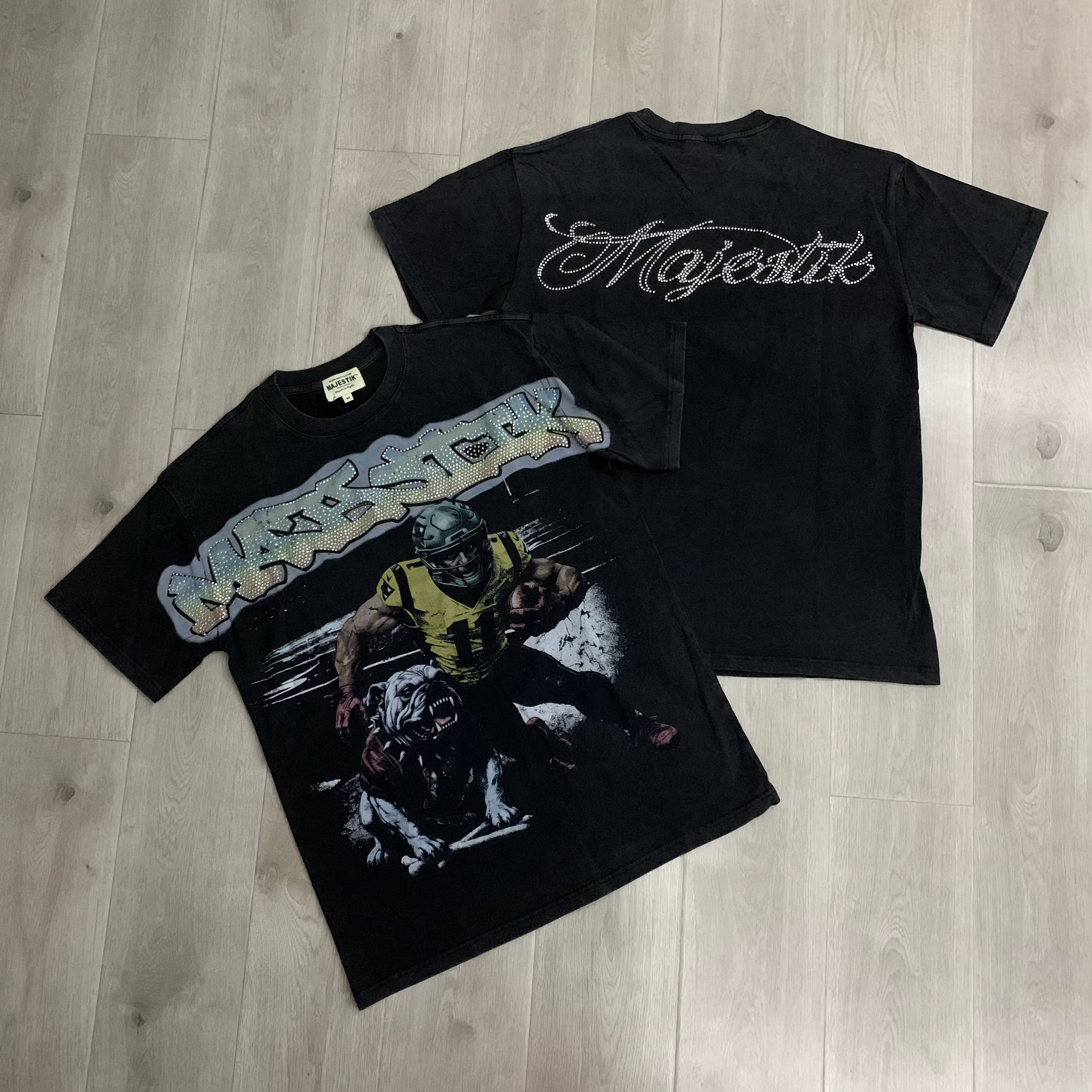 T-shirt en tissu éponge MAJESTIK 280g avec strass, style streetwear, pour hommes et femmes, haute qu