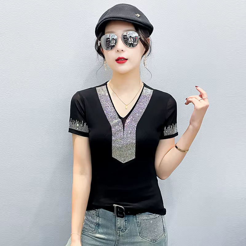 T-shirt à col en V orné de strass pour femme, chemisier d'été à manches courtes, coupe ajustée, haut