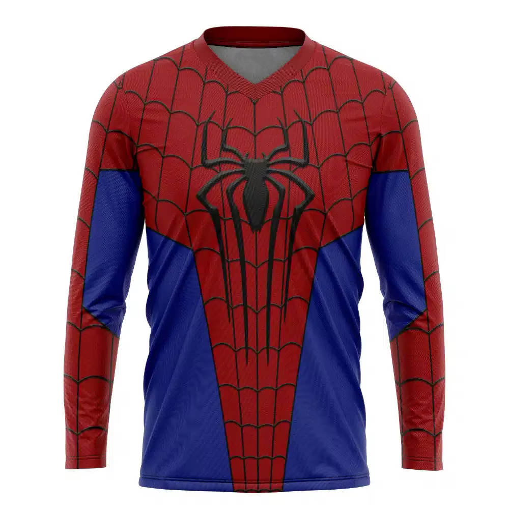 T-shirt classique à manches longues et col en V avec imprimé toile rouge et bleu Spiderman, respiran