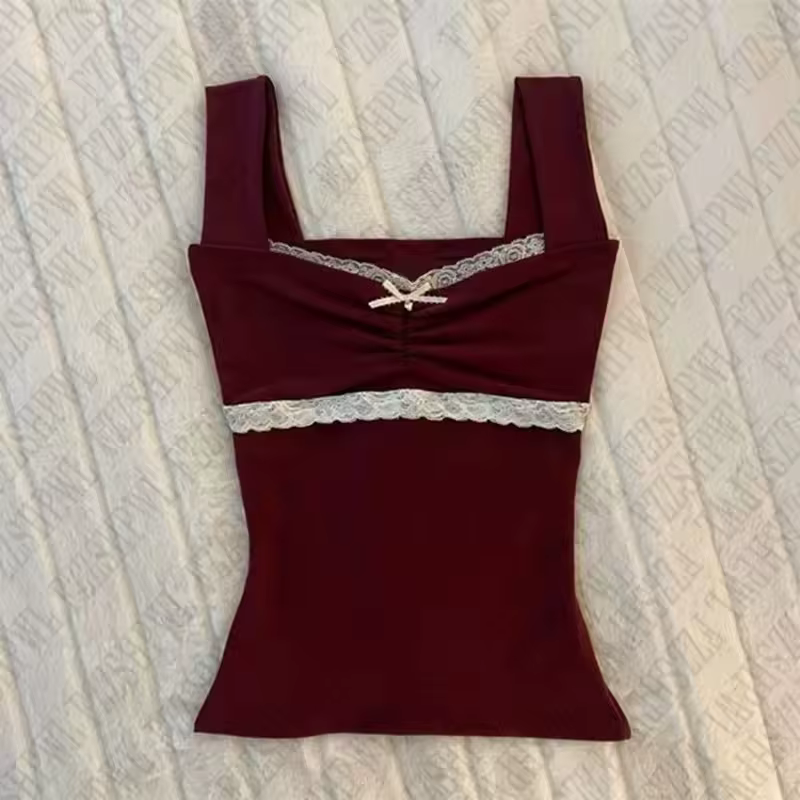 Débardeur monochrome en dentelle esthétique pour femme, haut court Y2K, rock silm, punk décontracté,